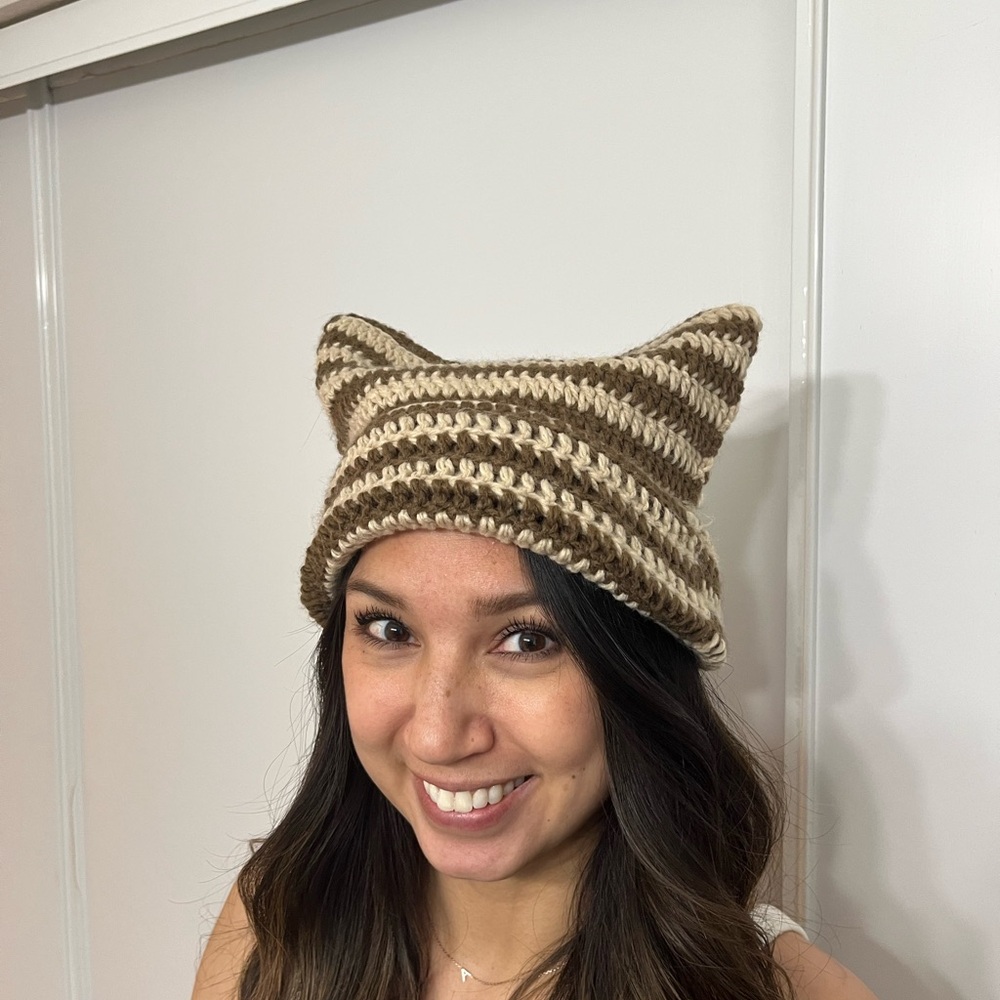 Striped Brown and Tan Cat Ear Beanie